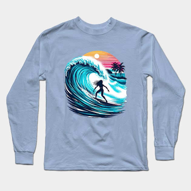 Surfer Girl Surfing A Big Wave At Sunset Beach Summer Vacation Surfing Long Sleeve T-Shirt by Tees 4 Thee